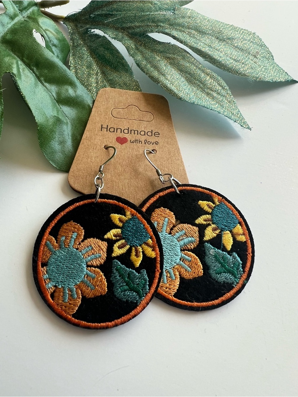 Embroidered Felt Floral Earrings – Black Orange & Teal Dangle Earrings